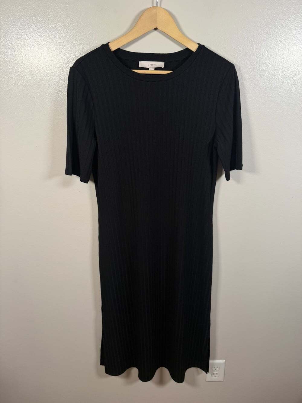 LOFT Black Ribbed Midi Knit Dress Short Sleeve Crewneck Sheath Work Minimal